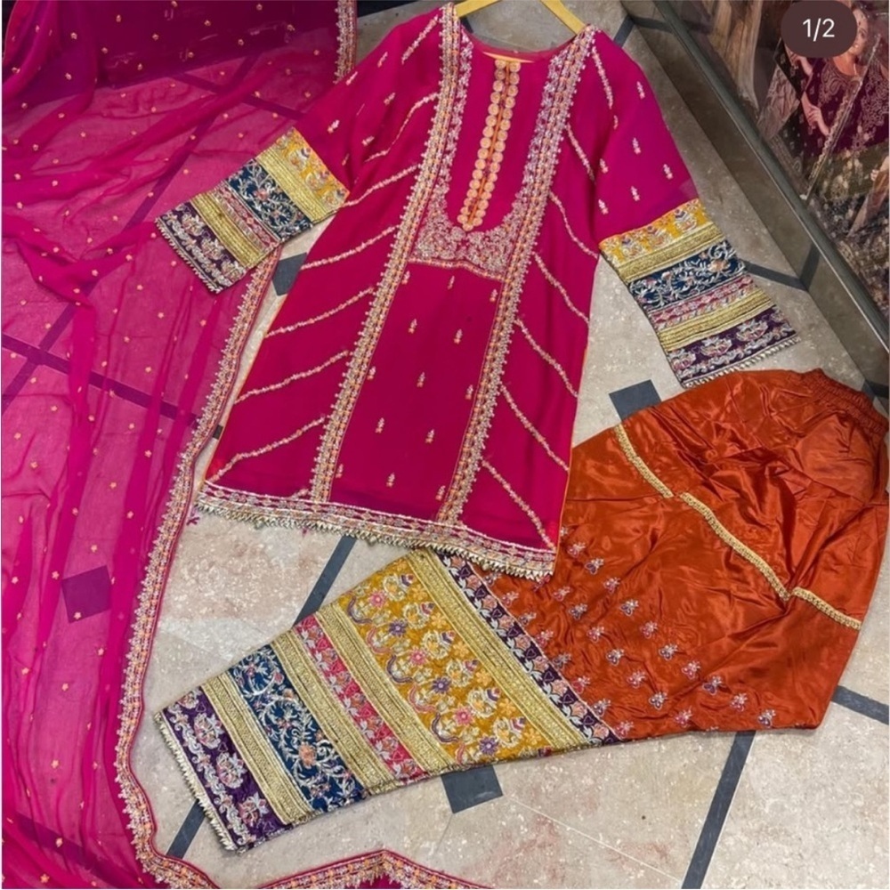 Pakistani designer embellish 3 piece set kurta matching palazzo trousers Dupatta